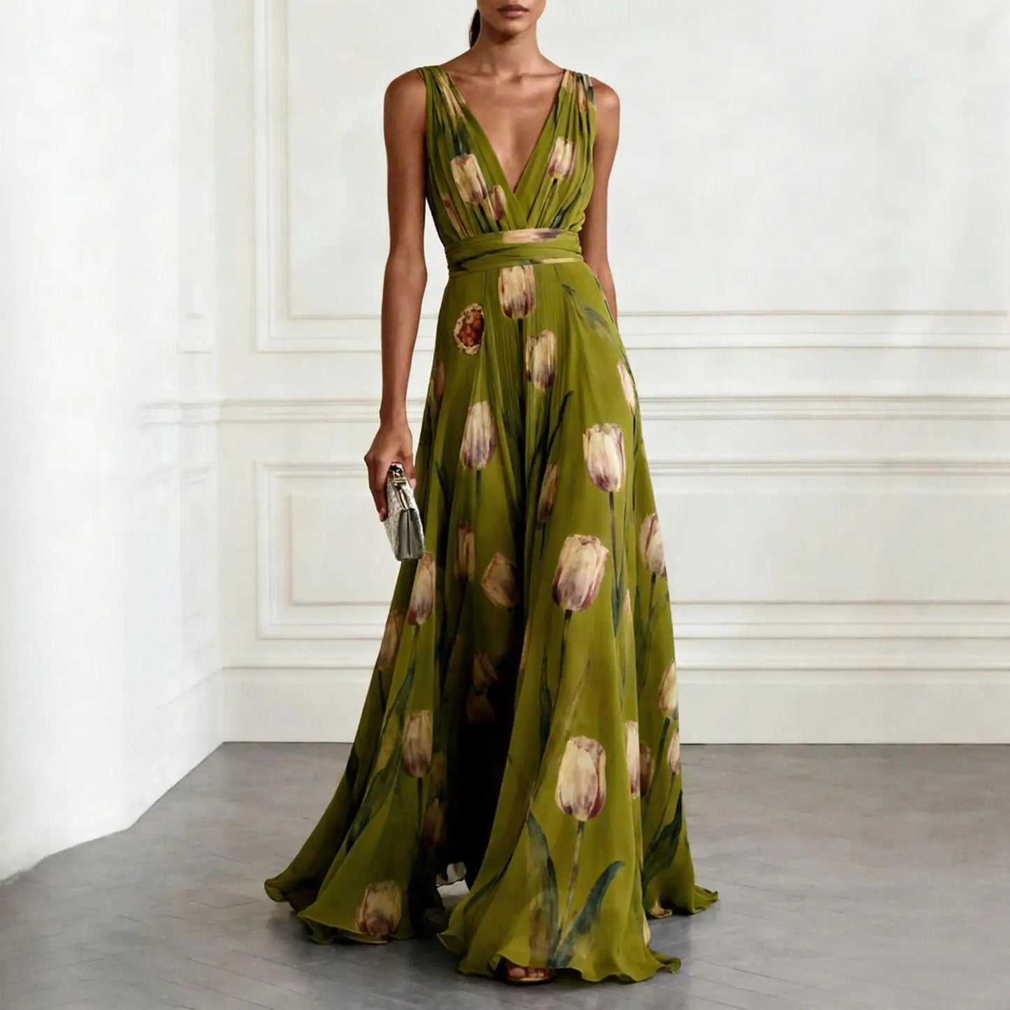 Printed Sleeveless Cinched Gathered Flared Long Dress