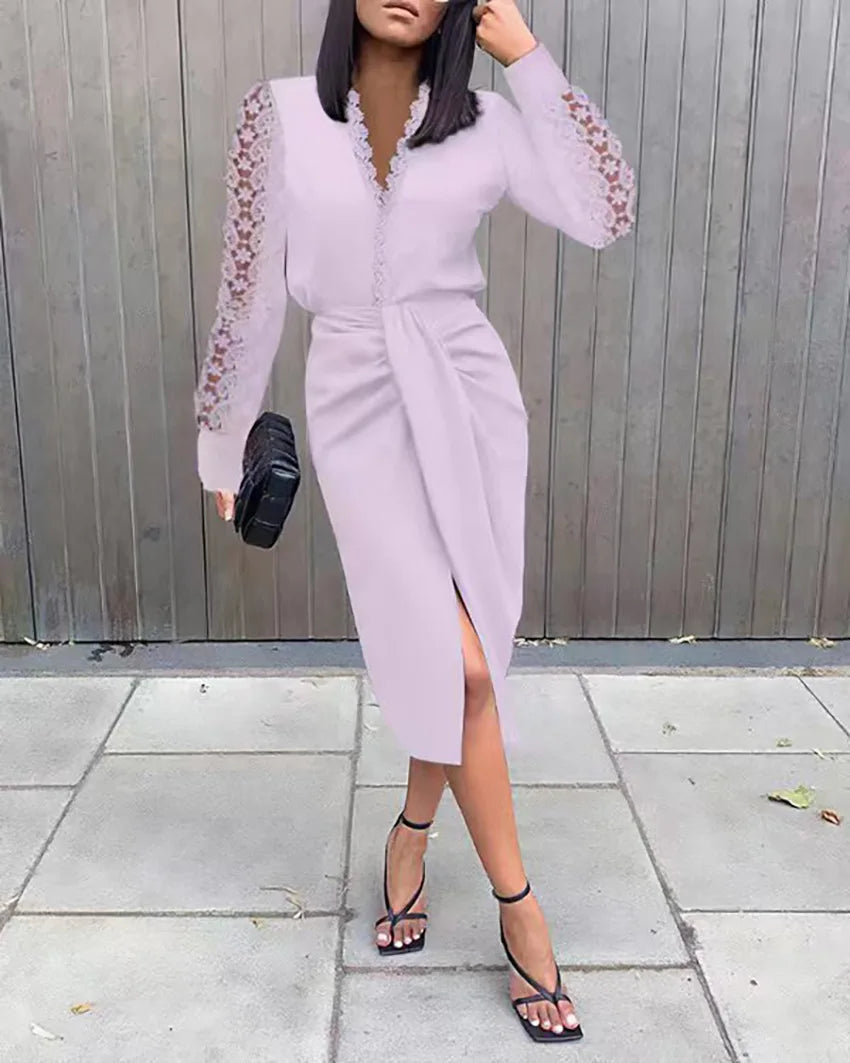 Lace Trimmed Long Sleeve Slit Midi Dress