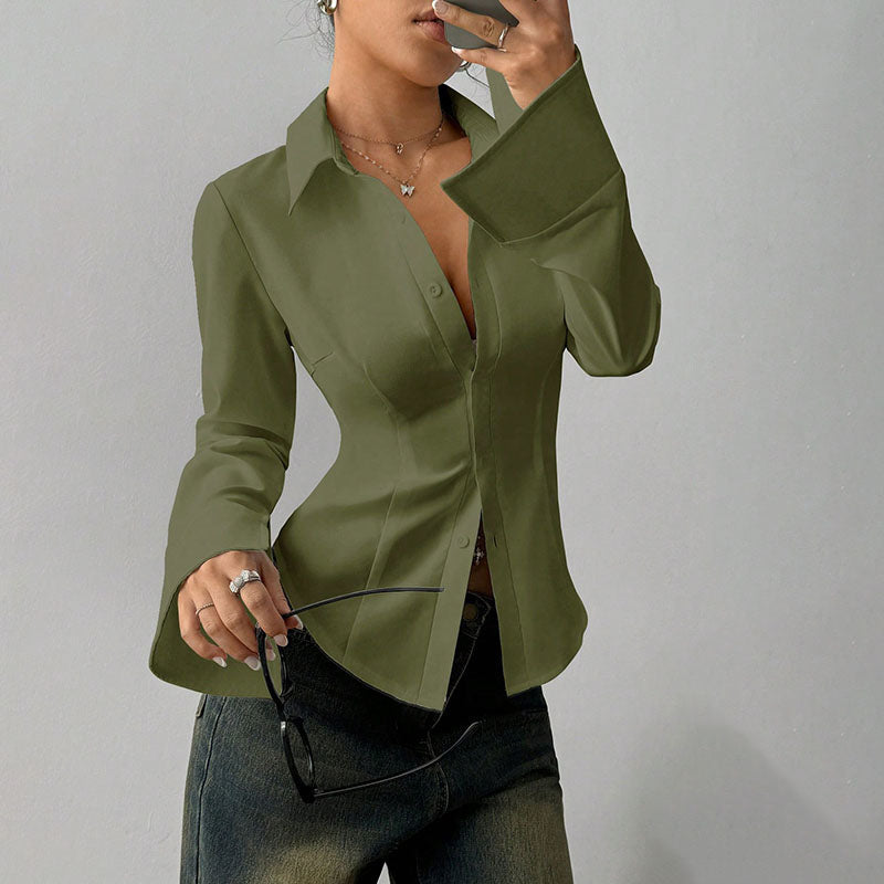 Women's Point Collar Long Sleeve Fitted Shirt