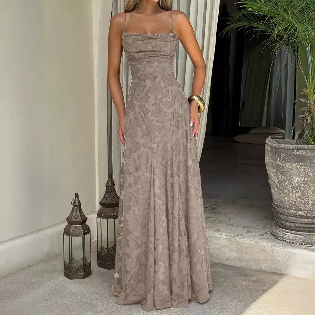 Strappy Ruched Textured Flared Maxi Dress