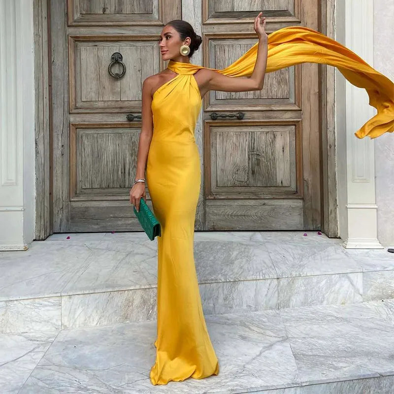 Asymmetrical Halter Sleeveless Draped Maxi Dress