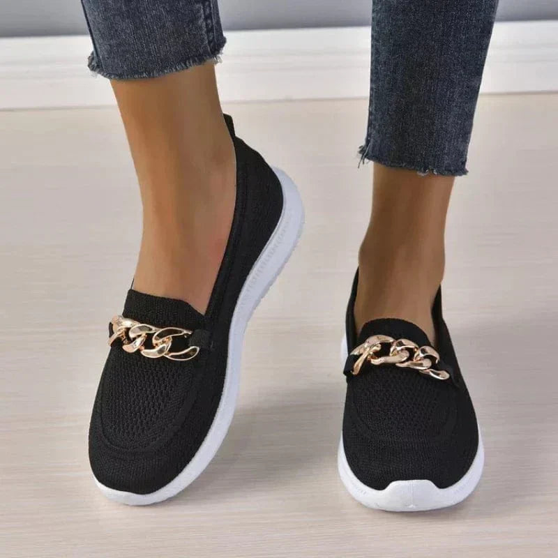 Chain Detail Round Toe Textured Slip On Shoes