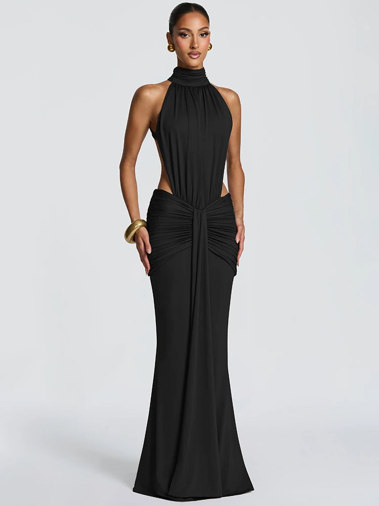 Sleeveless Side Cutout Gathering Floor Length Dress