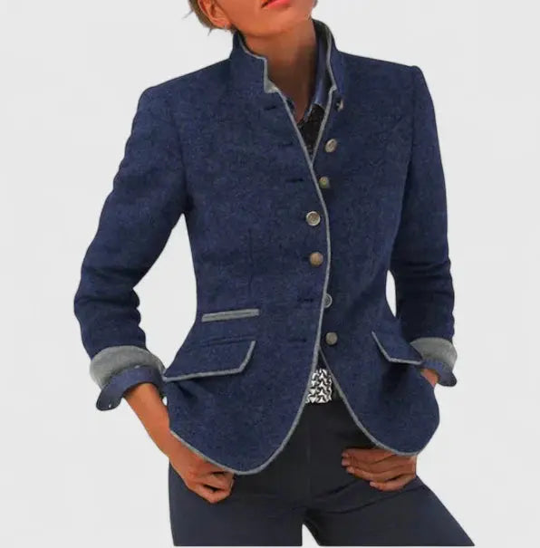 Collared Buttoned Flapped Trimmed Fitted Blazer