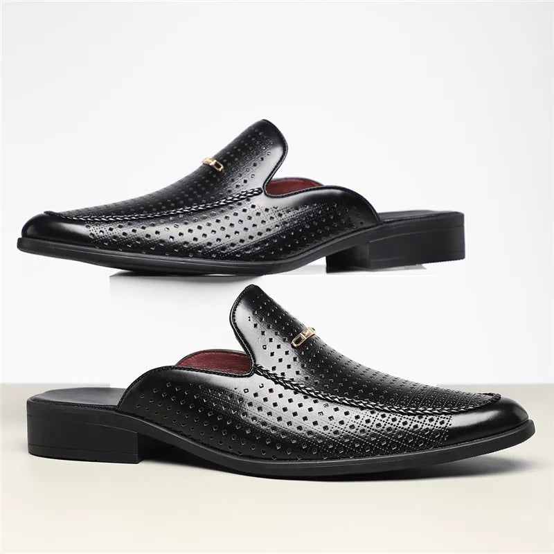 Perforated Backless Pointed Braided Low Heel Sandals