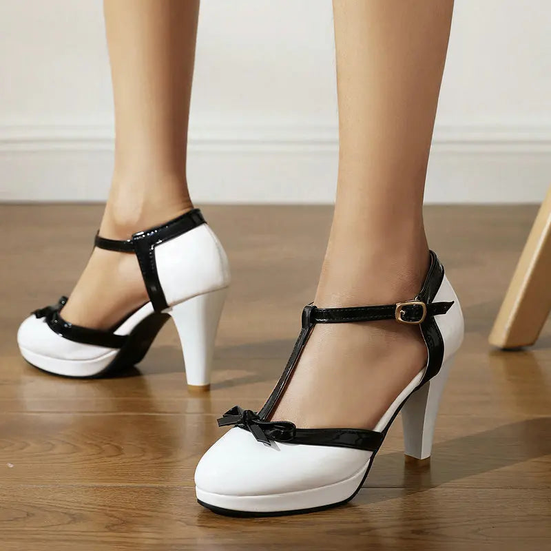 Two Tone Bow Decor T-Strap Block Platform Heels
