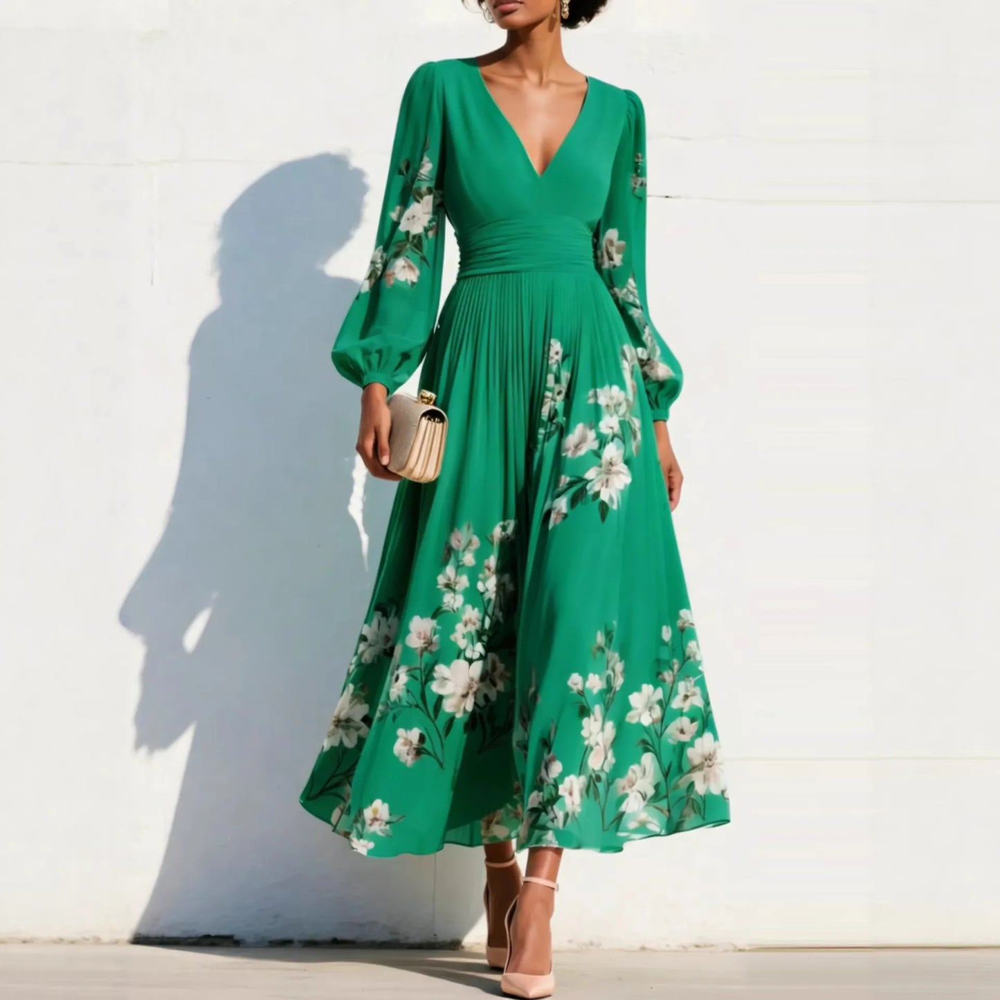 Pleated Long Sleeve V Neck Maxi Dress