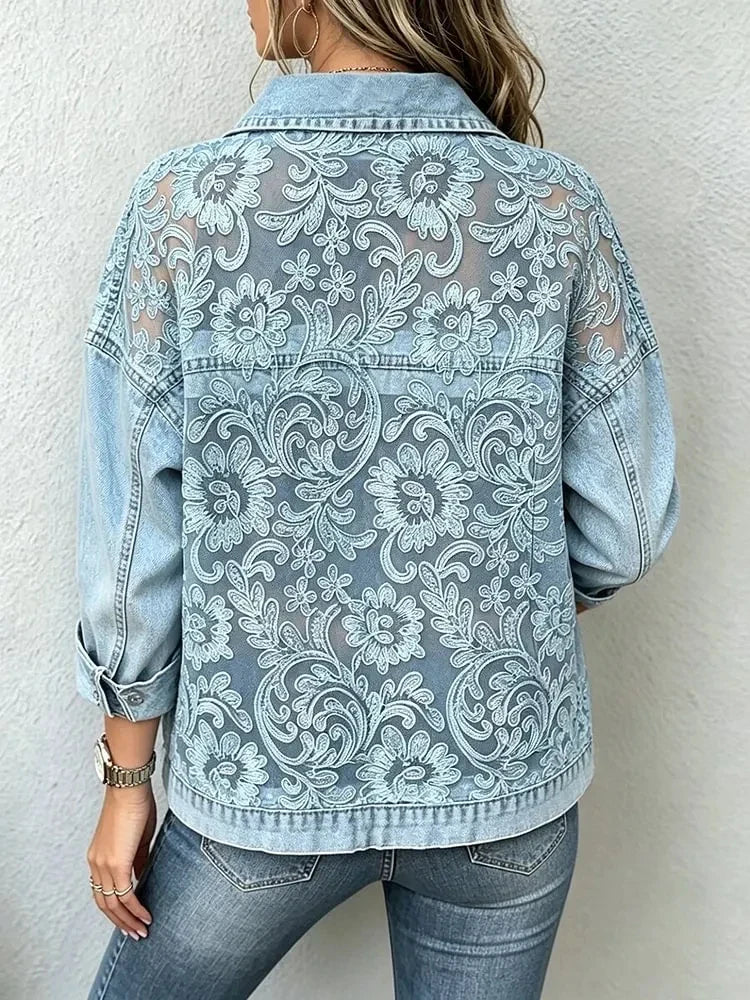 Collared Buttoned Floral Sheer Paneled Cuffed Blazer