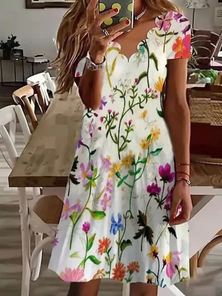 Short Scalloped Floral Printed Flared Midi Dress