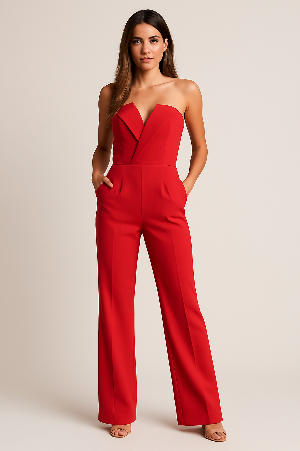 Sleeveless Structured Pocket Creased Wide Leg Jumpsuit