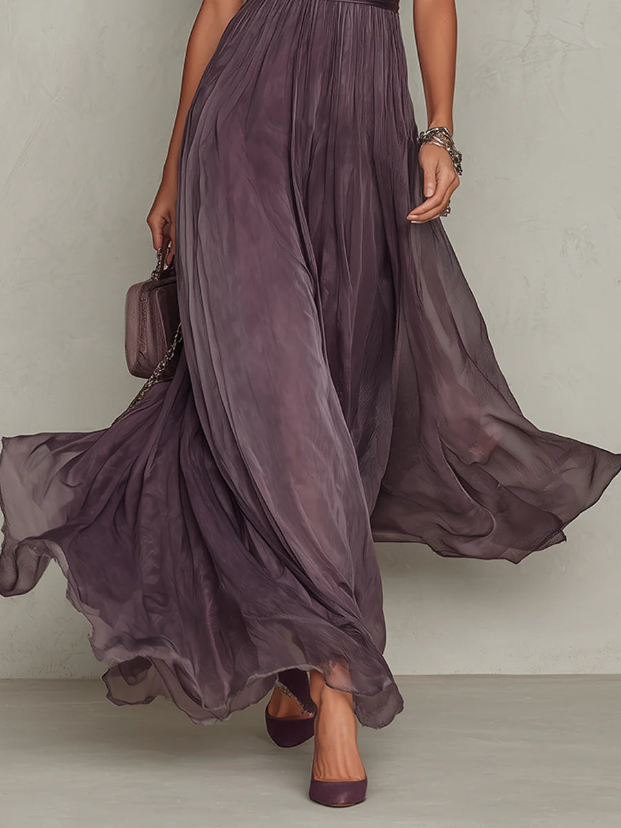 Puff Sleeve Keyhole Pleated Maxi Dress