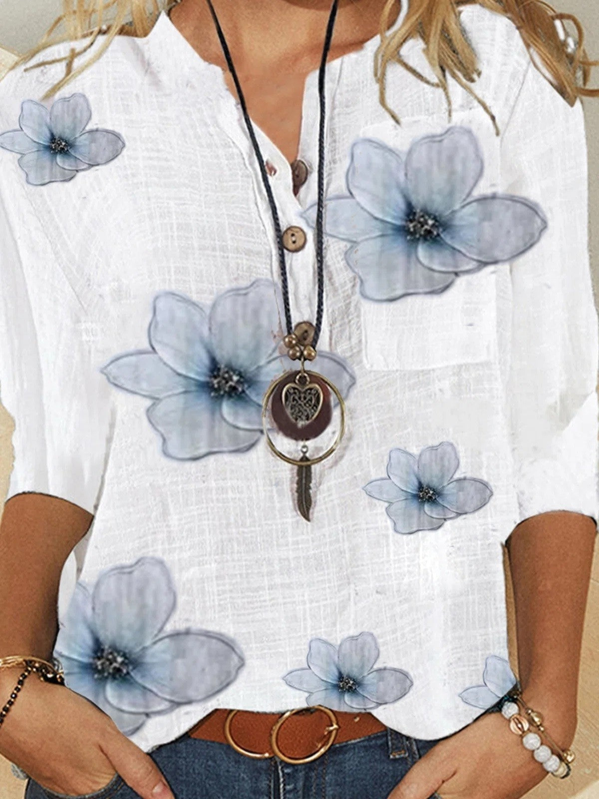 Buttoned Relaxed Textured Cuffed Top