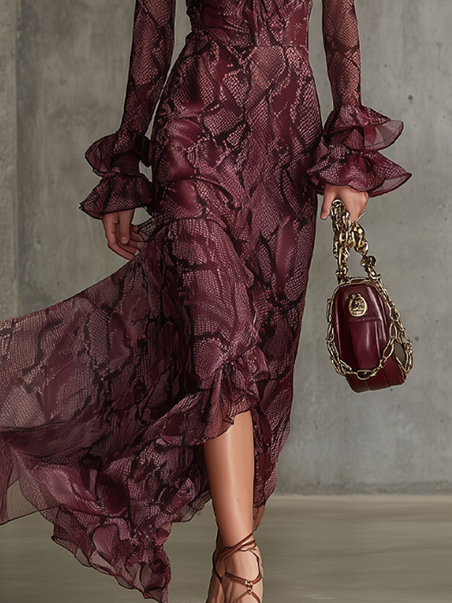 Plunging Ruffled Fitted Flared Tiered Maxi Dress