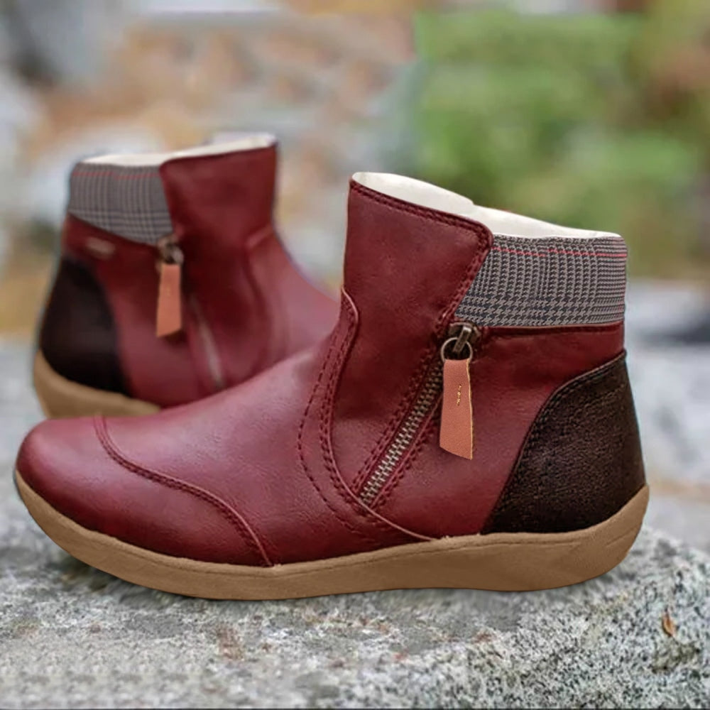 Plaid Trim Side Zip Flat Ankle Boots