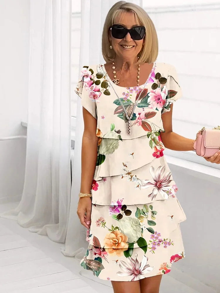 Short Sleeved Floral Tiered Flutter Dress