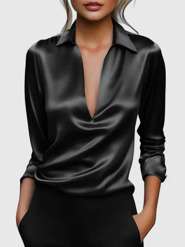 Solid Plunging Collared Draped Cuffed Sleeved Top