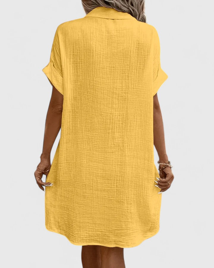 Collared Buttoned Pocketed Textured Cuffed Short Dress