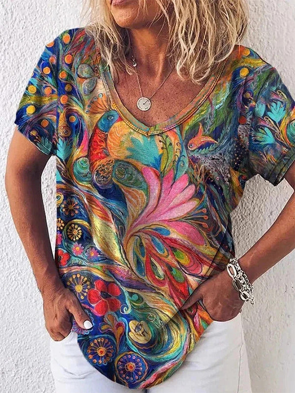 Printed Notched Relaxed V Neck Seamed Straight Top
