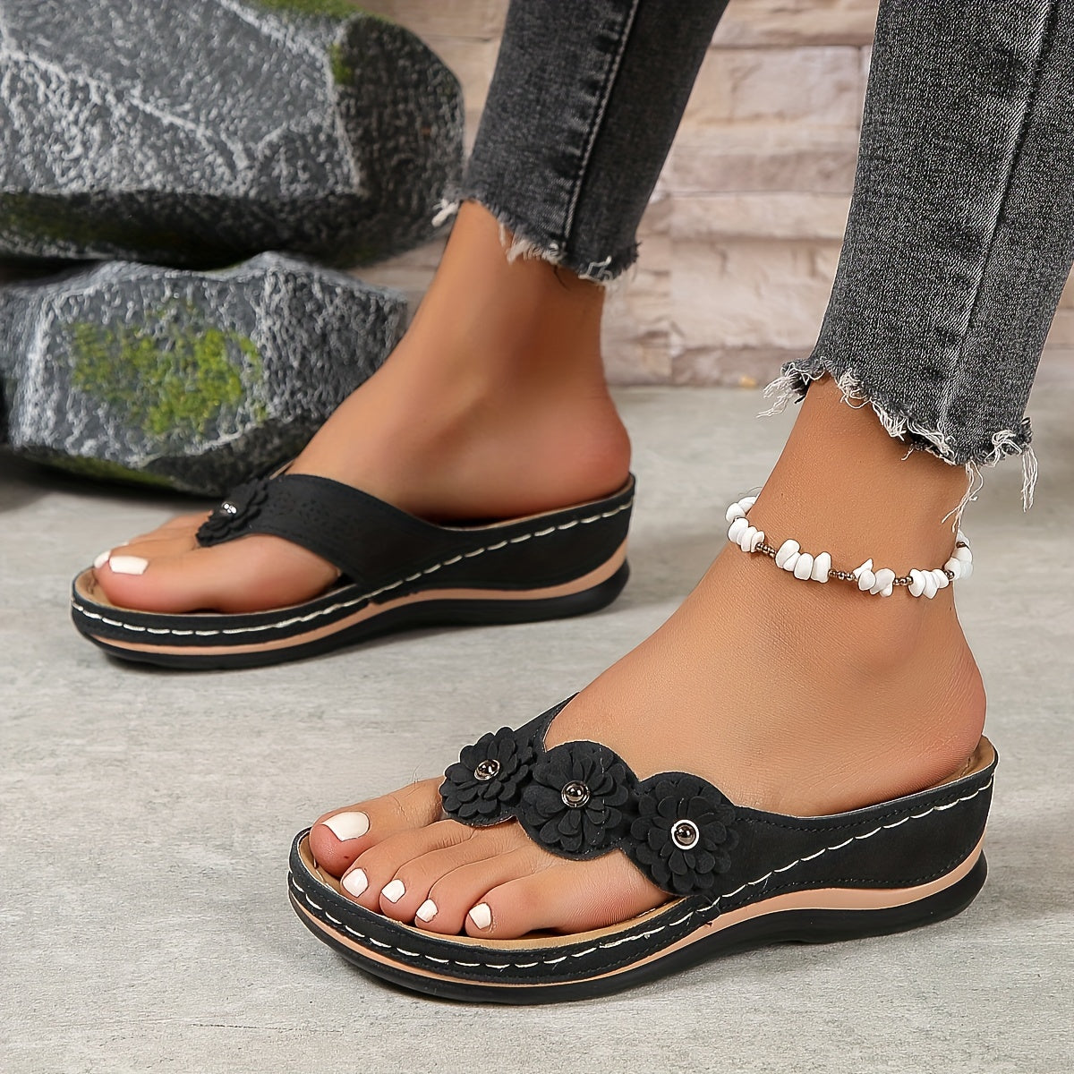 Flower Detail Thong Post Platform Sandals