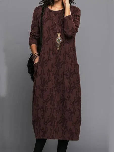 Loose Round Patterned Long Pocketed Straight Dress