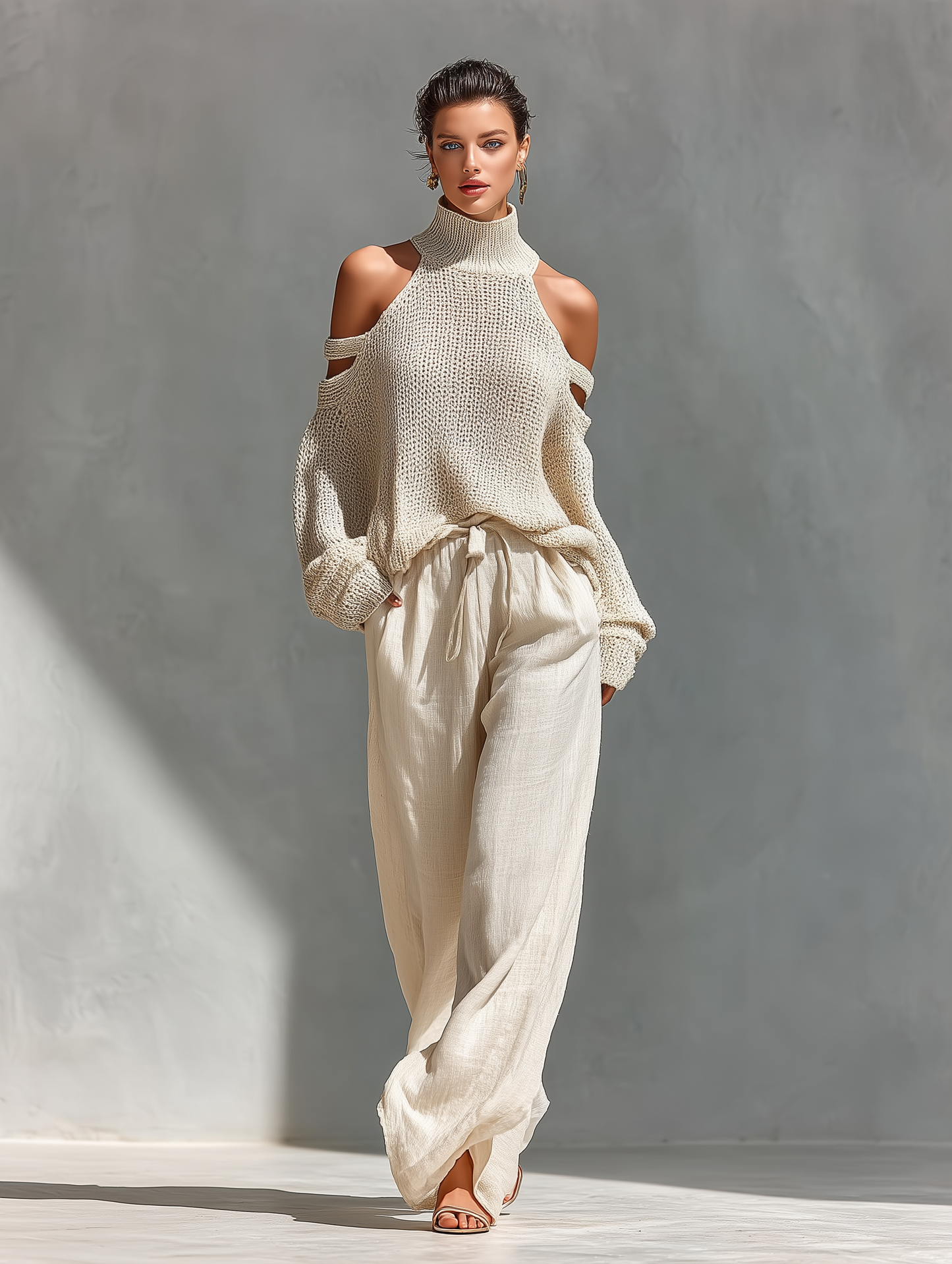 High Neck Cutout Shoulder Knitted Set