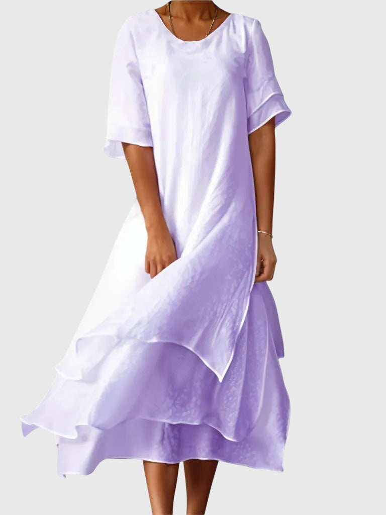 Layered Asymmetric Scoop Neck Short Sleeve Midi Dress