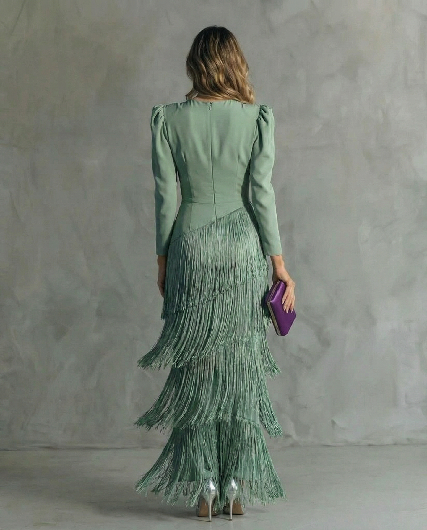 Long Sleeved Deep V Neck Tiered Fringed Maxi Dress