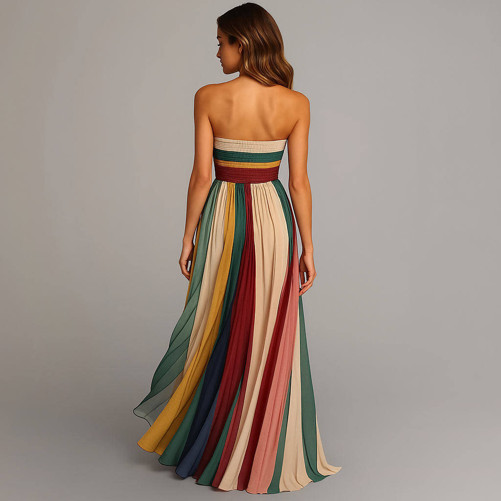 Strapless Pleated Striped Maxi Dress