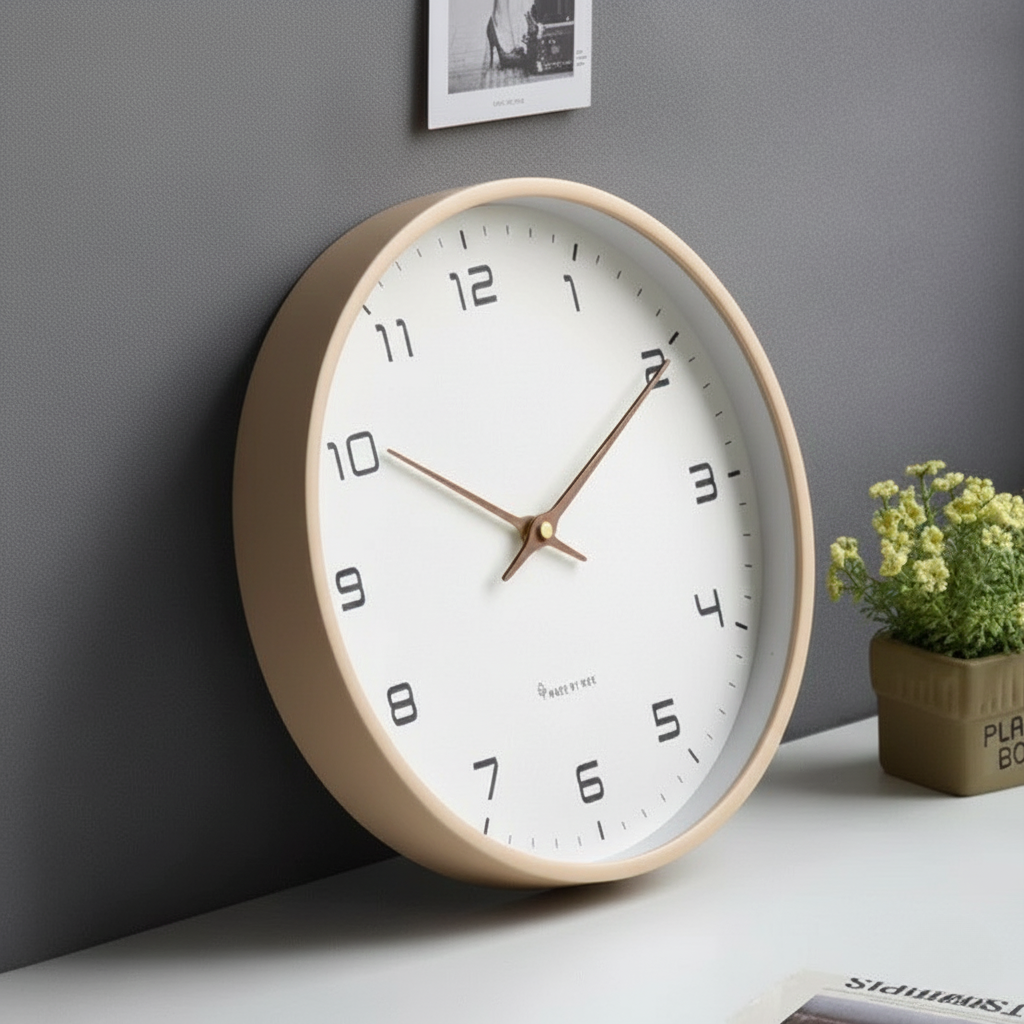 Round Analog Wall Clock with Wood-Finish Frame