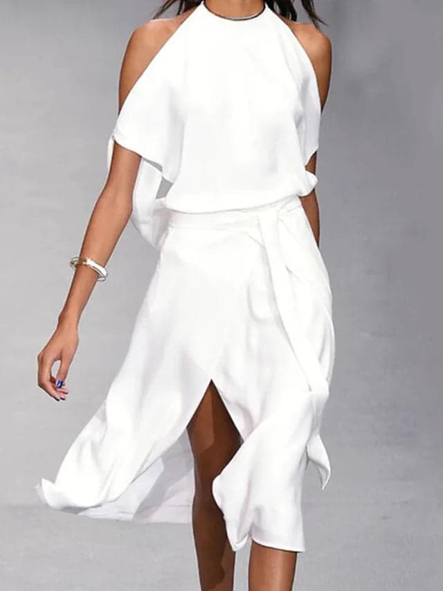 Halter Draped Belted Slit Midi Dress