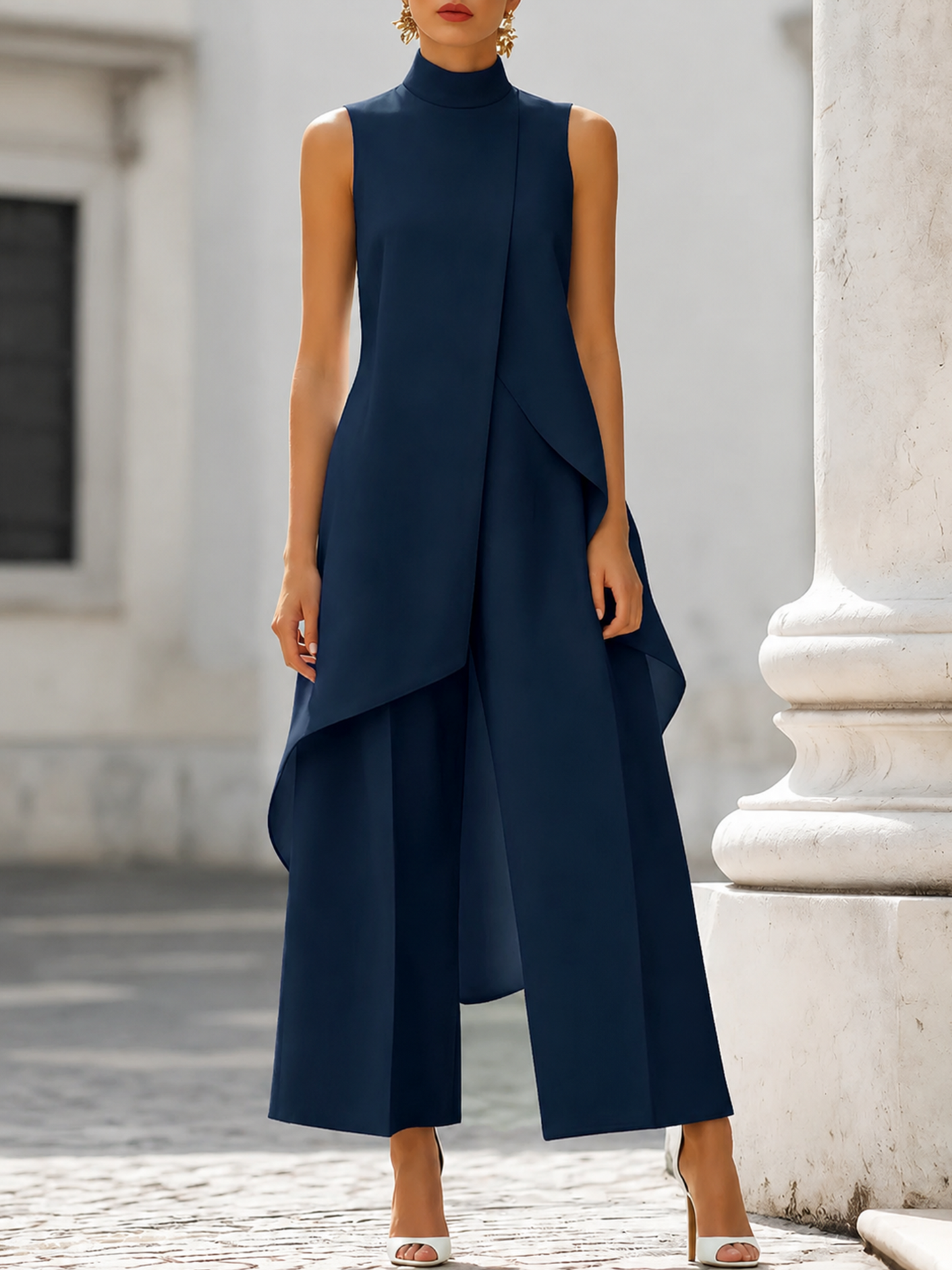 Asymmetric Layered Sleeveless Top & Wide-Leg Trousers Set