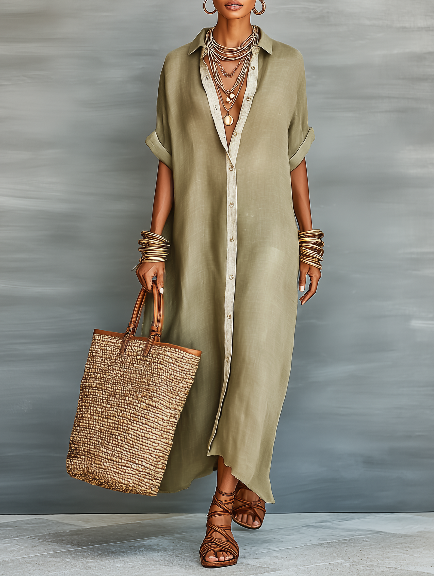 Collar Button Placket Short Sleeve Maxi Dress