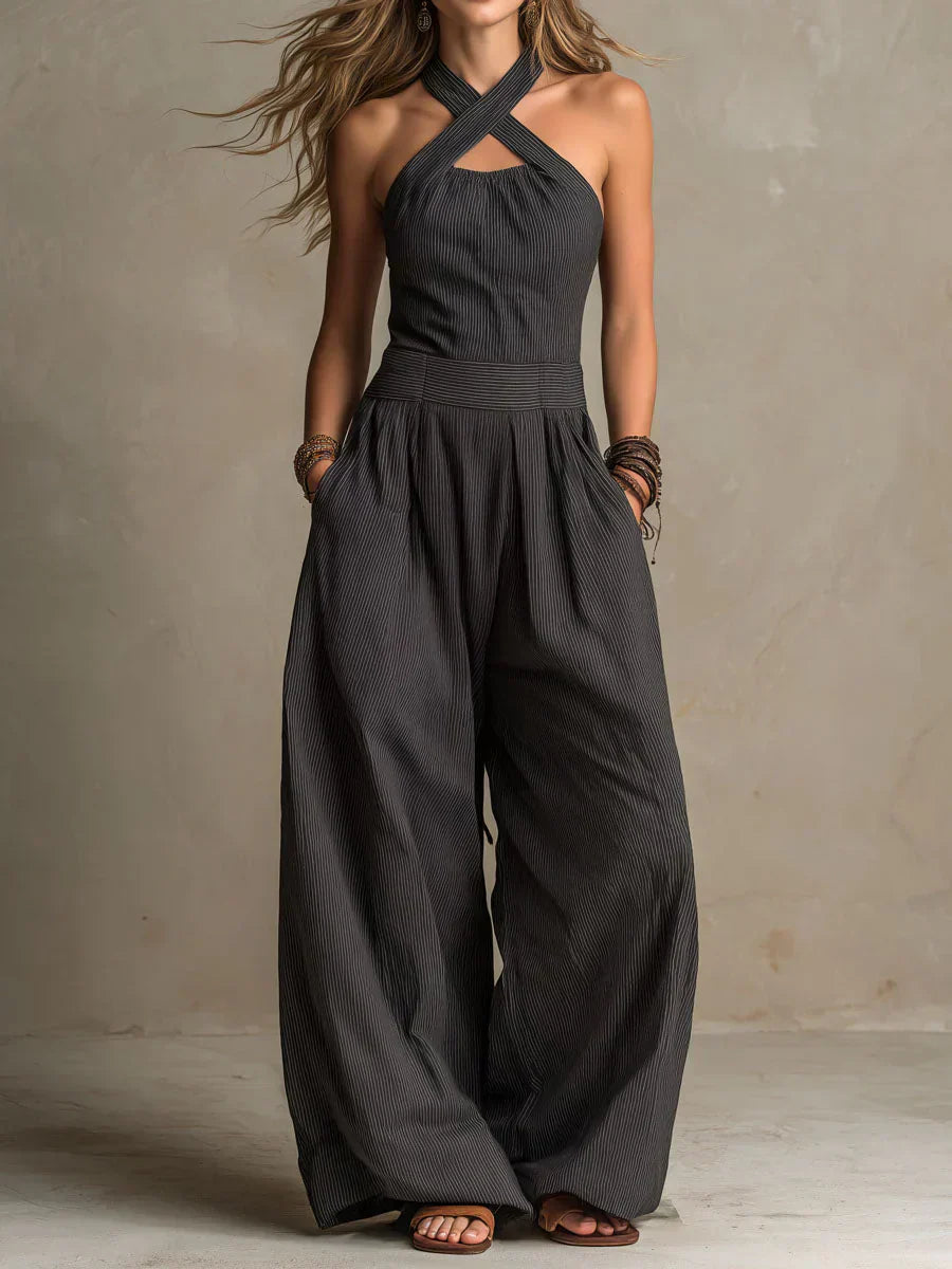 Sleeveless Crisscross Halter Neck Wide Leg Jumpsuit