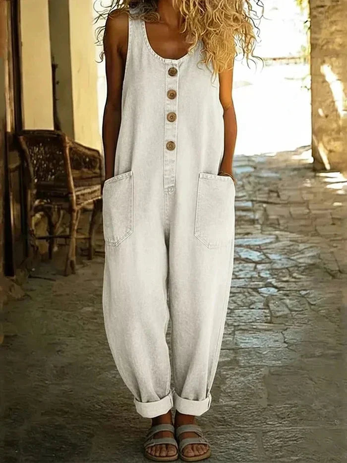 Sleeveless Scooped Buttoned Pocketed Slouchy Long Jumpsuit