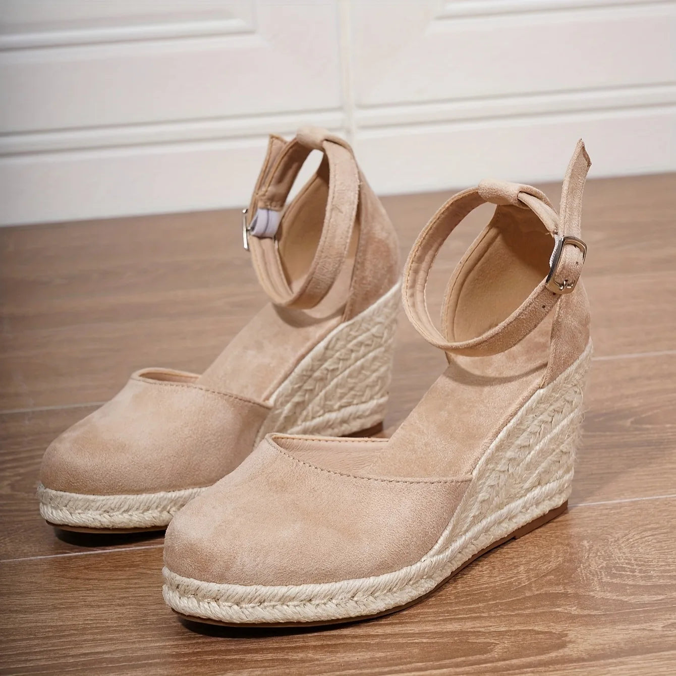 Braided Wedge Ankle Strap Round Toe Heels