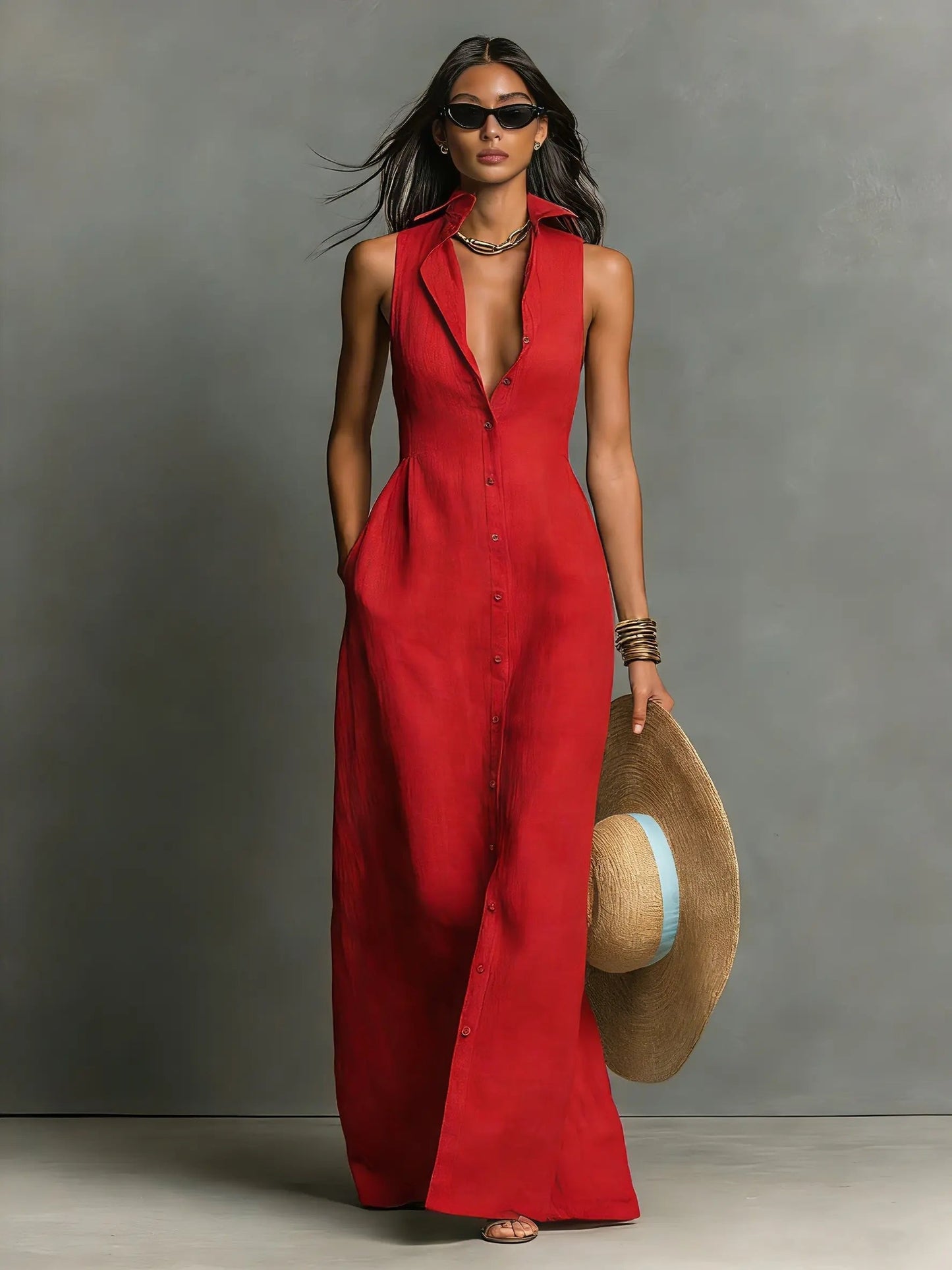 Collared Sleeveless Button-Front Maxi Shirt Dress