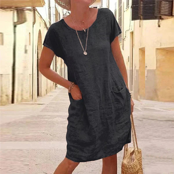 Round Sleeved Pocketed Loose Straight Unlined Dress