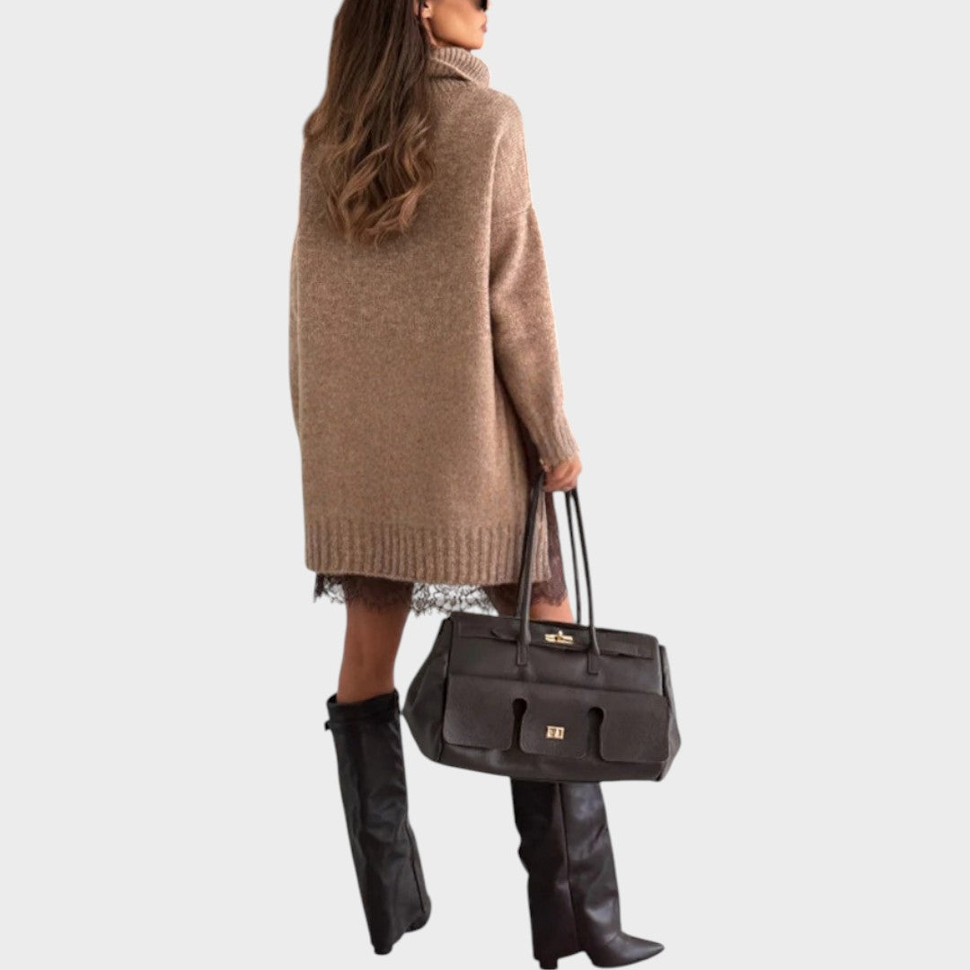 Turtleneck Oversized Sweater Lace Slip Dress