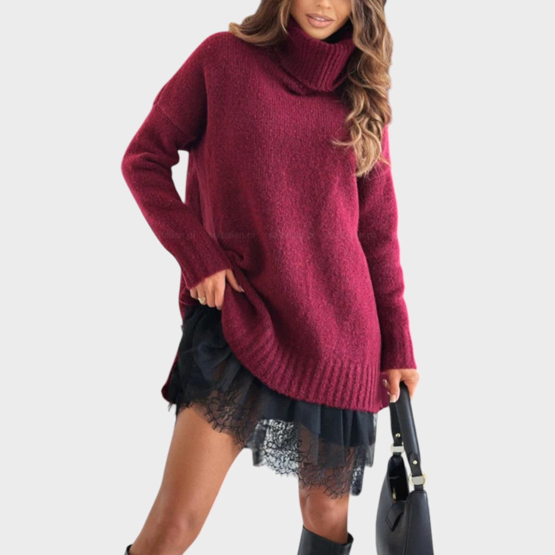 Turtleneck Oversized Sweater Lace Slip Dress