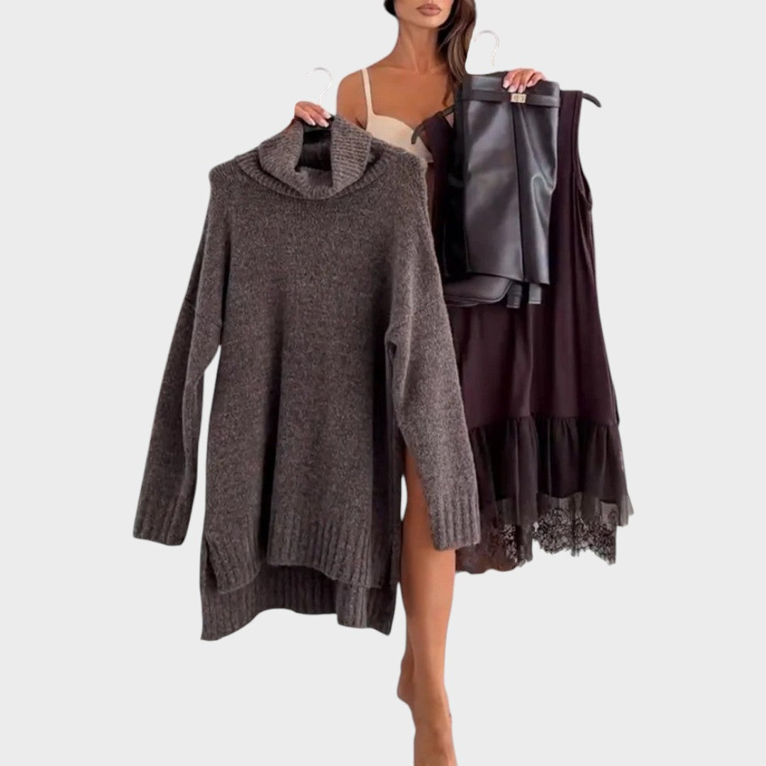 Turtleneck Oversized Sweater Lace Slip Dress
