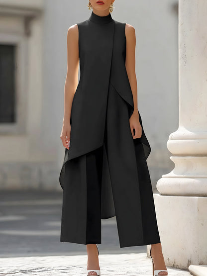 Asymmetric Layered Sleeveless Top & Wide-Leg Trousers Set