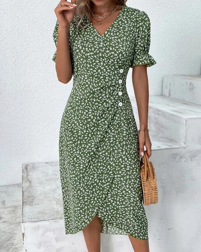 V Neck Puff Sleeve Wrap Front Midi Dress