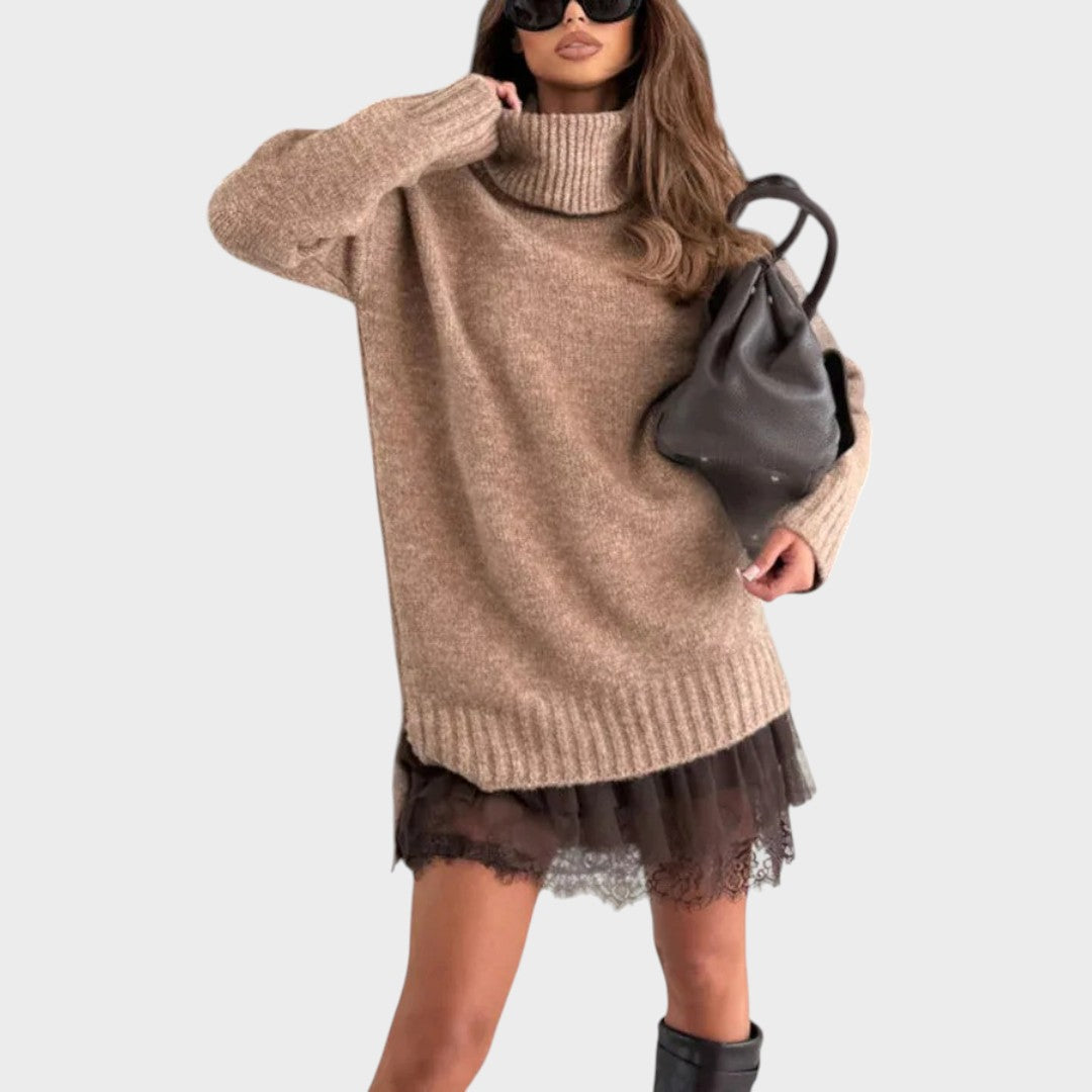 Turtleneck Oversized Sweater Lace Slip Dress