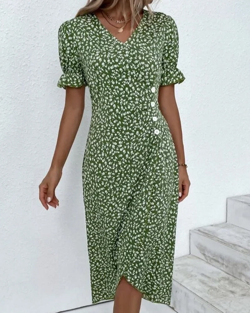 V Neck Puff Sleeve Wrap Front Midi Dress