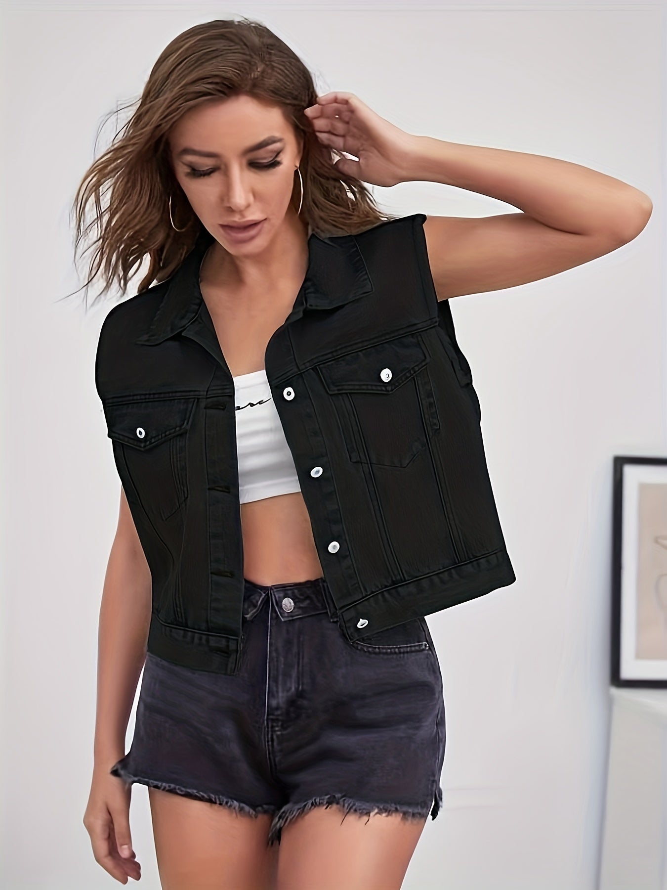 Sleeveless Cropped Buttoned Collared Pocketed Frayed Jacket