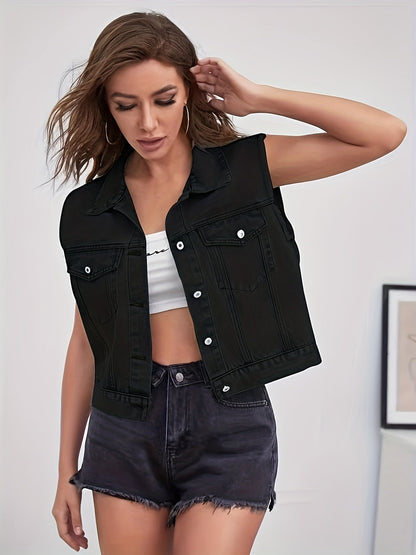 Sleeveless Cropped Buttoned Collared Pocketed Frayed Jacket
