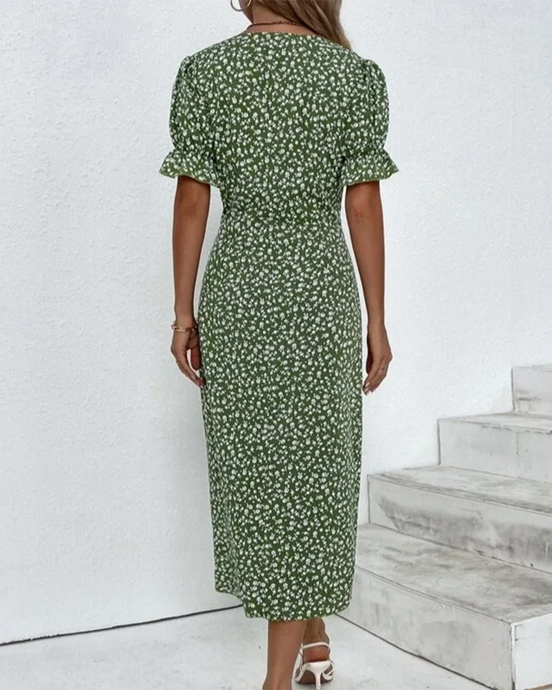 V Neck Puff Sleeve Wrap Front Midi Dress