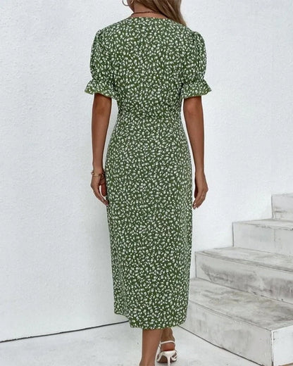V Neck Puff Sleeve Wrap Front Midi Dress