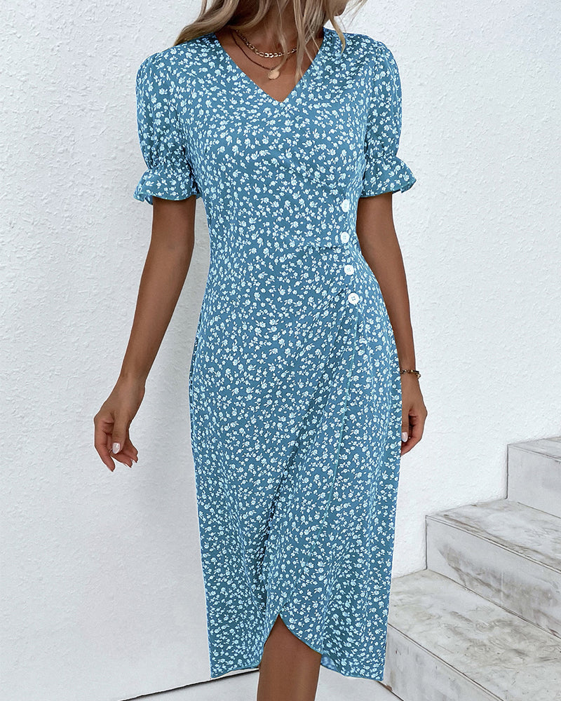 V Neck Puff Sleeve Wrap Front Midi Dress
