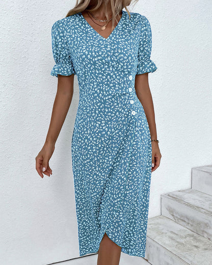 V Neck Puff Sleeve Wrap Front Midi Dress